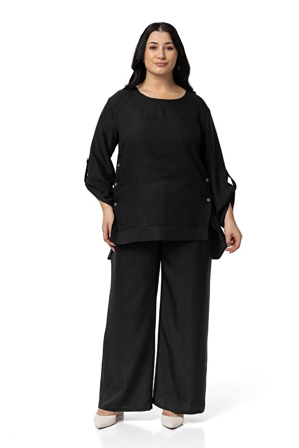 Side Button-detail Blouse Trousers Two-piece Set — Black