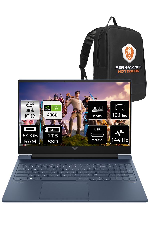 HP VİCTUS 16 i7 14700HX 64GB 1TB SSD RTX4060/8GB 144HZ 16.1'' FHD FDOS 9J205EA & PER4 ÇANTA