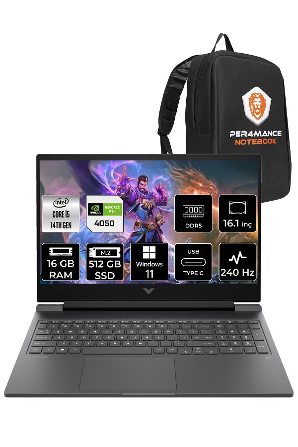 HP VİCTUS 16 i5 14500HX 16GB 512GB SSD RTX4050/6GB 240HZ 16.1'' QHD W11H 9J204EA & PER4 ÇANTA
