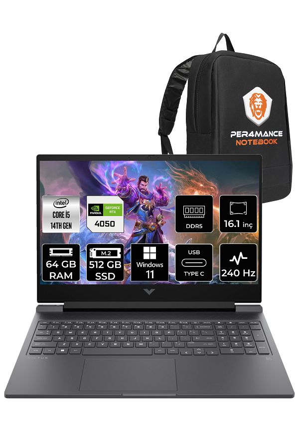 HP VİCTUS 16 i5 14500HX 64GB 512GB SSD RTX4050/6GB 240HZ 16.1'' QHD W11H 9J204EA & PER4 ÇANTA