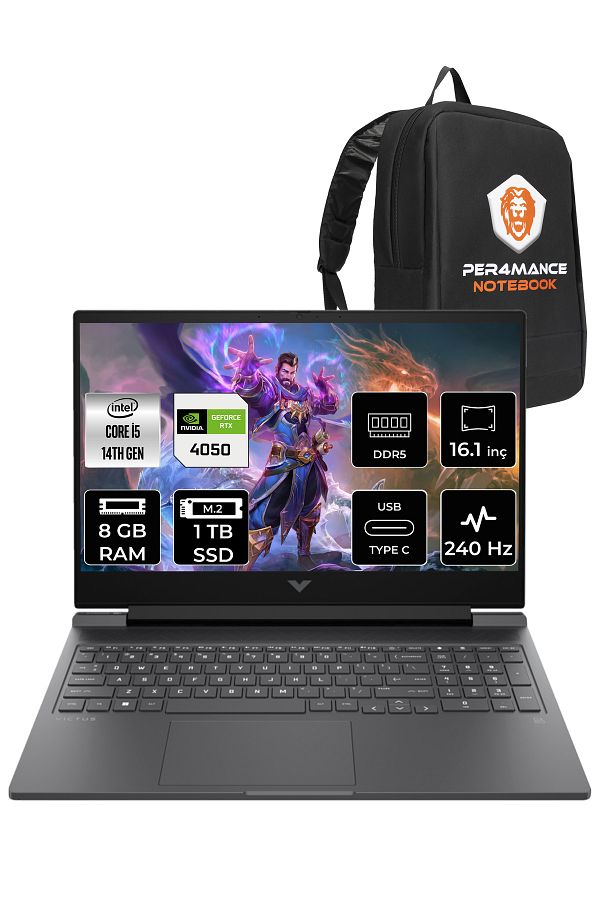 HP VİCTUS 16 i5 14500HX 8GB 1TB SSD RTX4050/6GB 240HZ 16.1'' QHD FDOS 9J204EA & PER4 ÇANTA