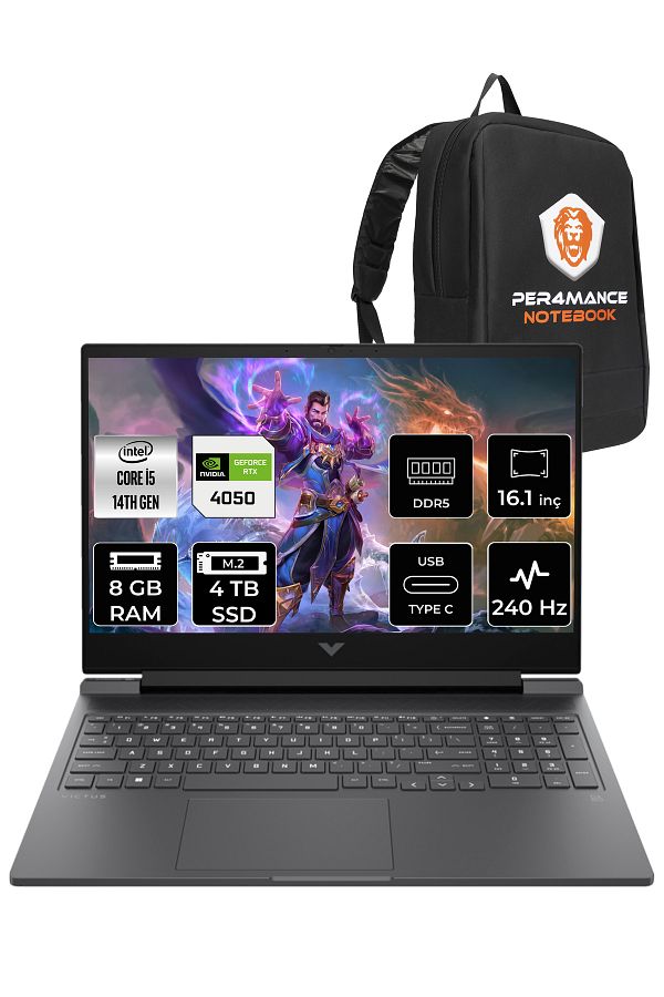 HP VİCTUS 16 i5 14500HX 8GB 4TB SSD RTX4050/6GB 240HZ 16.1'' QHD FDOS 9J204EA & PER4 ÇANTA