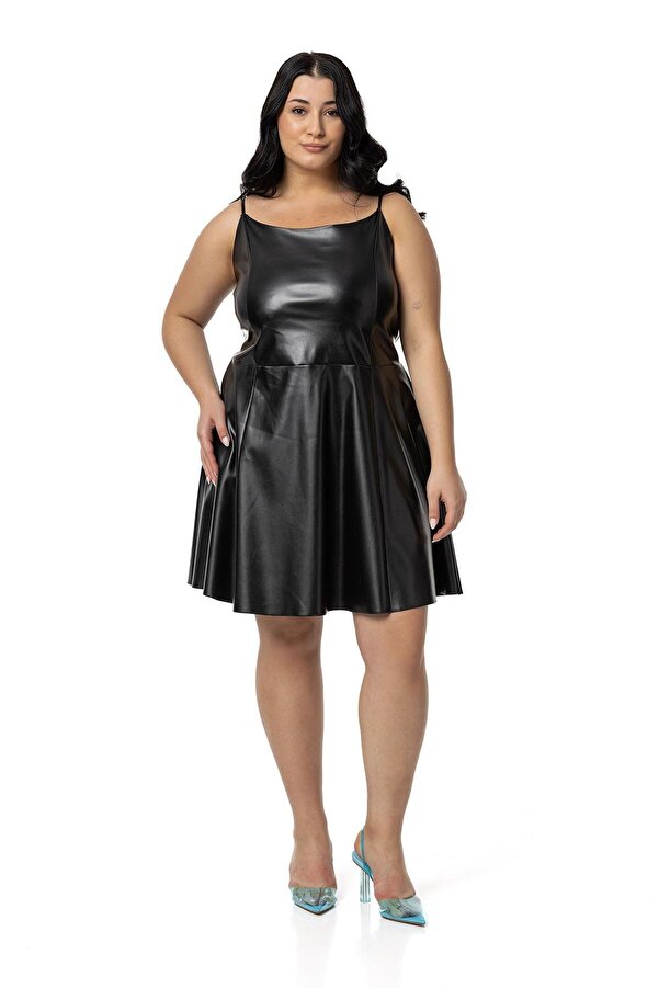 Adjustable Lightweight Strappy Back Elasticated Leather-look Mini Dress — Black