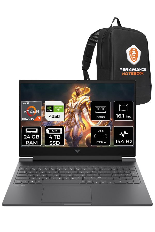 HP VİCTUS 16 RYZEN 7 8845HS 24GB RAM 4TB SSD RTX4050/6GB 144HZ 16.1'' FHD FDOS 9Z794EA & PER4 ÇANTA