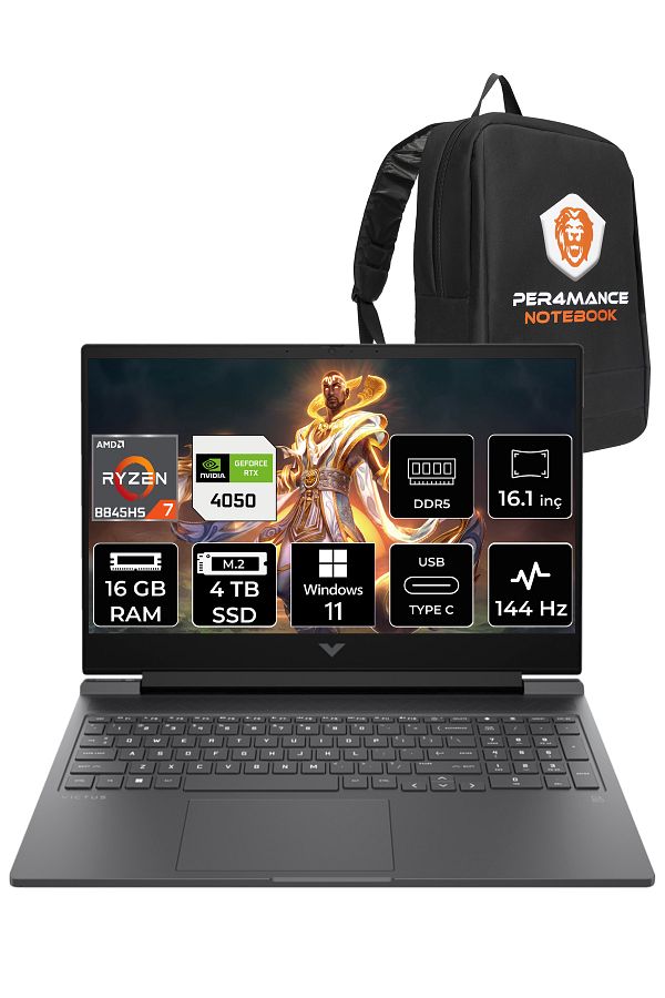 HP VİCTUS 16 R7 8845HS 16GB RAM 4TB SSD RTX4050/6GB 144HZ 16.1'' FHD W11HOME 9Z794EA & PER4 ÇANTA