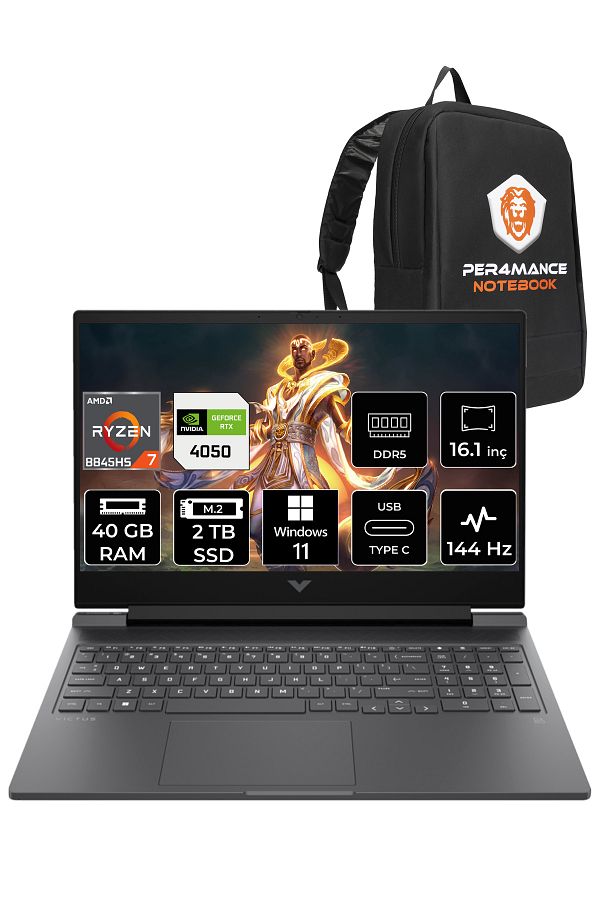 HP VİCTUS 16 R7 8845HS 40GB RAM 2TB SSD RTX4050/6GB 144HZ 16.1'' FHD W11PRO 9Z794EA & PER4 ÇANTA