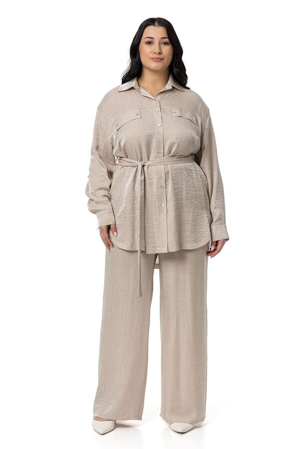 Pırıltılı Fabric Shirt Trousers Two-piece Set — Beige