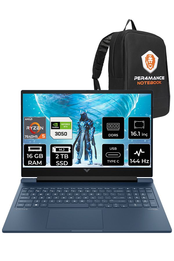 HP VİCTUS 16 R5 7640HS 16GB 2TB SSD RTX3050/4GB 144HZ 16.1'' FHD FDOS 7Z4N2EA & PER4 ÇANTA