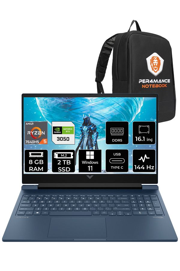 HP VİCTUS 16 R5 7640HS 8GB 2TB SSD RTX3050/4GB 144HZ 16.1'' FHD W11HOME 7Z4N2EA & PER4 ÇANTA
