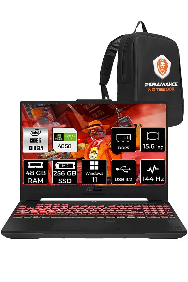 ASUS Tuf Gaming F15 i7 13620H 48GB RAM 256GB SSD RTX4050/6GB 144Hz 15.6" FHD W11P LP259 & PER4 ÇANTA