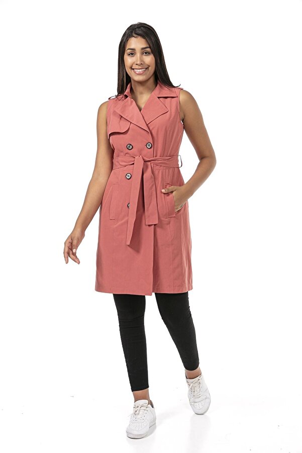 Wrap-front Neck Two-pocket Shoulder Epaulette-detail Belted Lined Vest — Pink