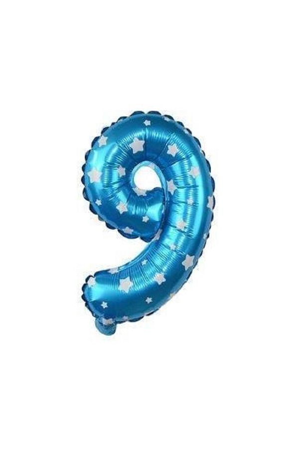 Folyo Balon 9 Rakam Mavi Renkli, Yıldız Desenli 16 Inç (40 Cm)
