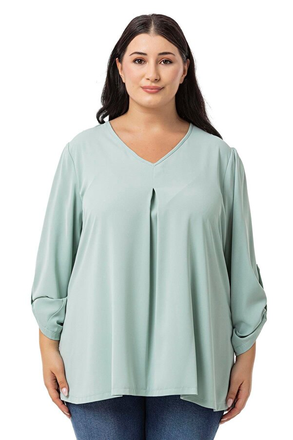 V-neck Front Plissé Fold-detail Sleeve Blouse — Mint