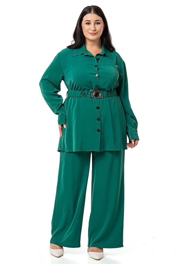 Waist Belted Shirt Trousers Two-piece Set — Emerald