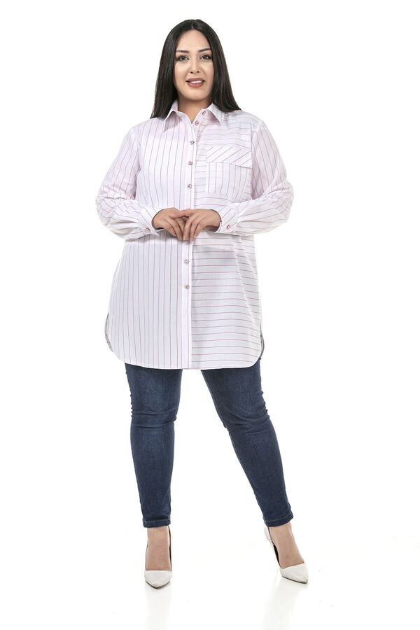 Asymmetric Chest Flap-detail with Pockets Side-slit Long Shirt — Red & White