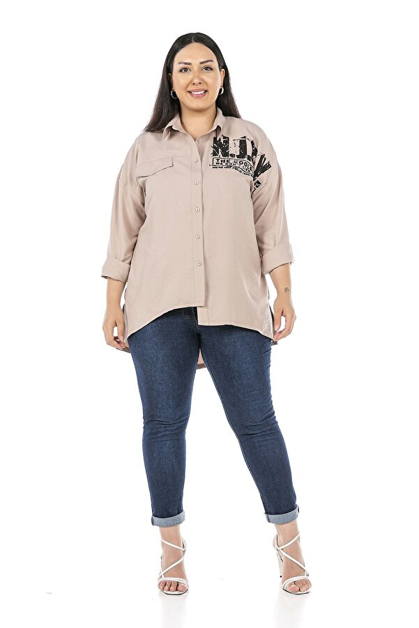 Asymmetric Cut Printed Back Button-detail Side-slit Shirt — Beige