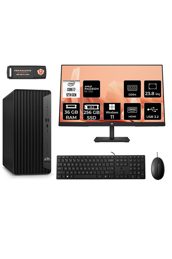 HP PRO TOWER 400 G9 AE6U3M9EAS281 i7 12700 36GB RAM 256GB SSD RX550 4GB 23.8" W11P MASAÜSTÜ PC