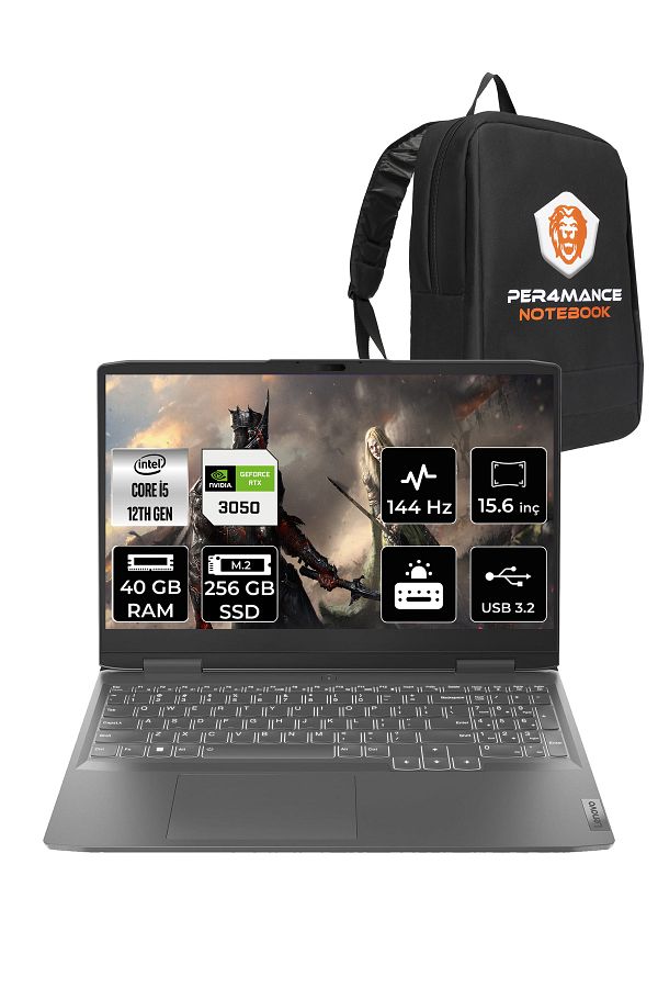 LENOVO LOQ  i5-12450H 40GB 256GB SSD RTX3050/6GB 15.6" FHD 144Hz FDOS 82XV00WYTX & PER4 ÇANTA