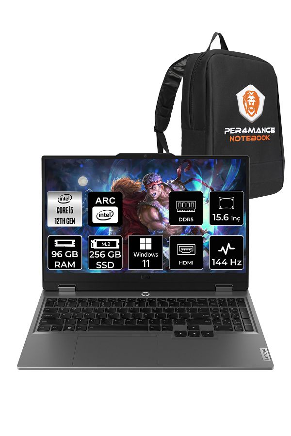 LENOVO LOQ  i5-12450HX 96GB 256GB SSD A530M/4GB 15.6" FHD 144Hz W11H 83FQ000UTR & PER4 ÇANTA