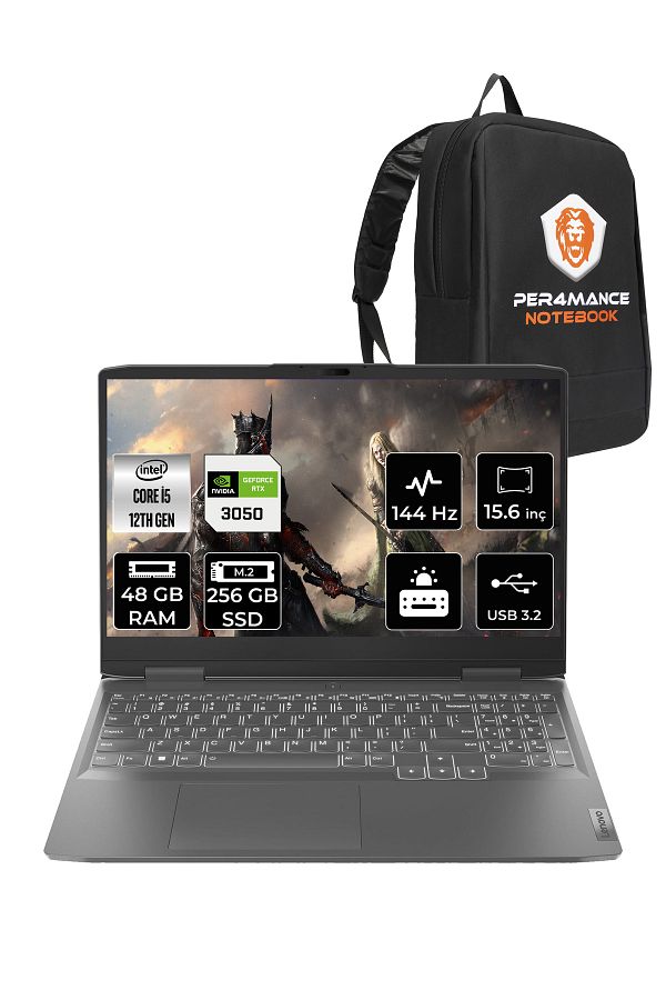 LENOVO LOQ  i5-12450H 48GB 256GB SSD RTX3050/6GB 15.6" FHD 144Hz FDOS 82XV00WYTX & PER4 ÇANTA