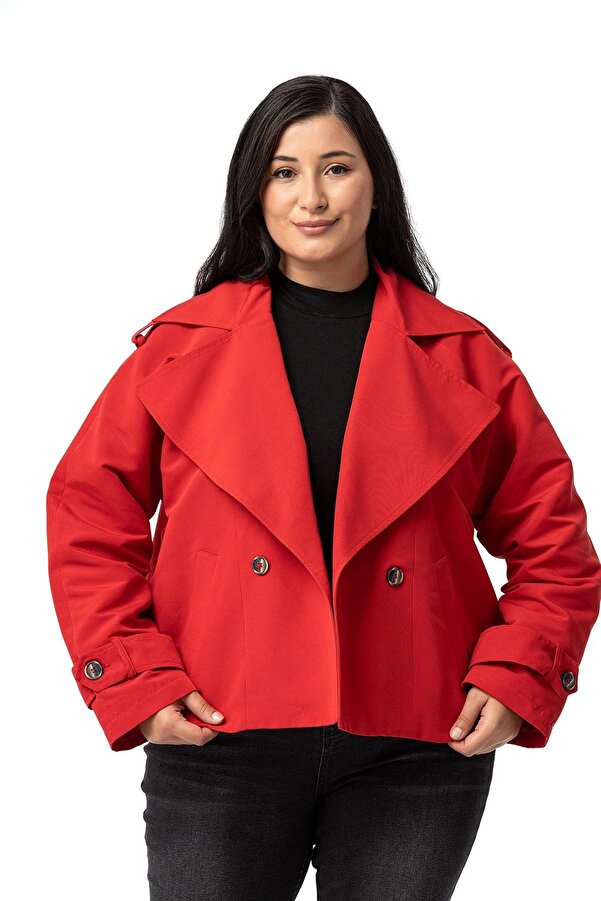 Mono Neck Epaulette-detail with Pockets Oversized Lined Short Trench Coat — Red