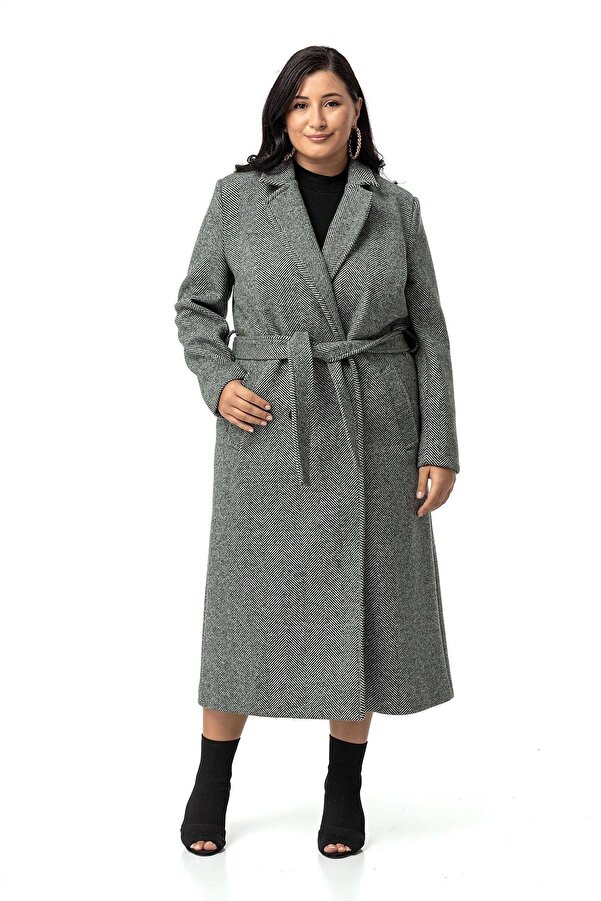Blazer Collar Buttoned & Belted Deep Slit-detail Herringbone Lined Long Coat — Green