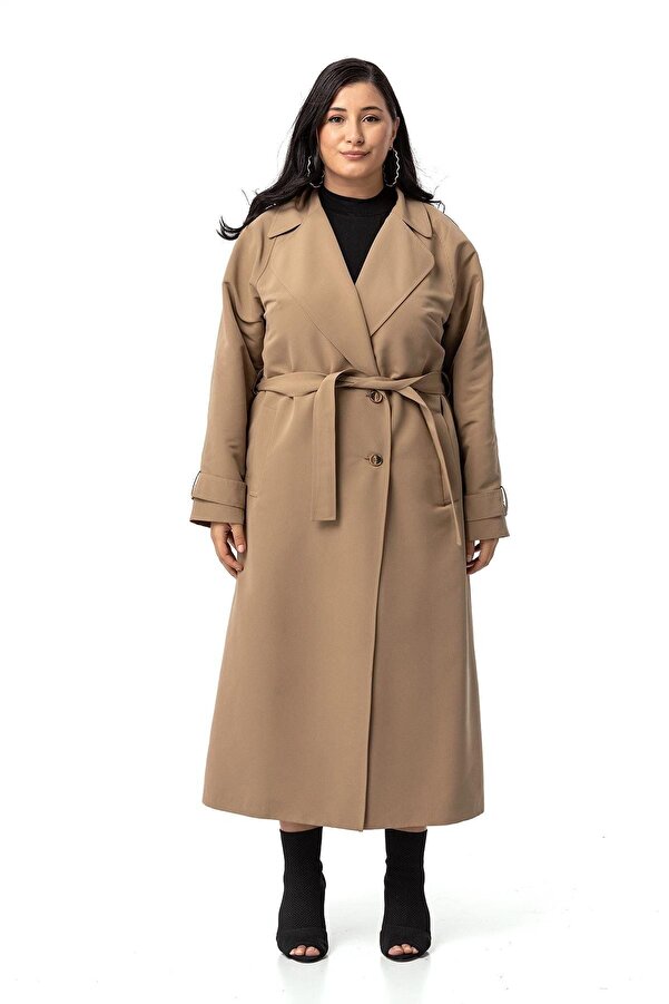 Mono Neck Wrap-front Fastened Slit-detail Lined Long Trench Coat — Mink