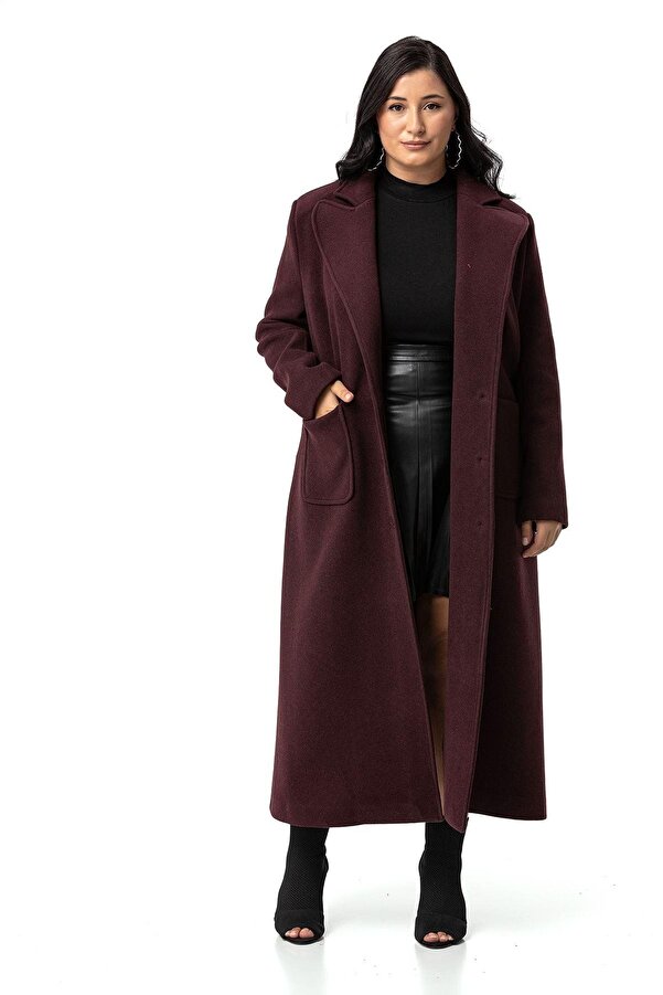 Blazer Collar Patch-pocket Lined Long Wool-touch Coat — Burgundy