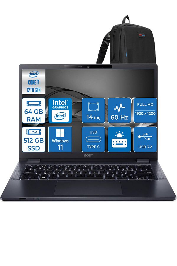 ACER Travelmate P4 i7-1260P 64GB 512GB SSD UHD Graphics Fhd 14" Windows 11 Pro MP414WP07 + Zettaçanta