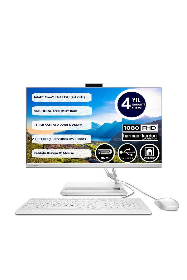 LENOVO Ideacentre AIO3 Intel Core i3 1215U 8GB 512GB SSD Freedos 23.8" FHD AIO Bilgisayar F0GH01EETR