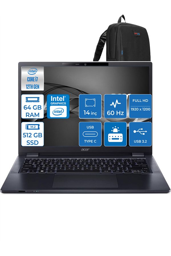 ACER Travelmate P4 i7-1260P 64GB 512GB SSD Intel UHD Graphics Fhd 14" Freedos MP414F07 + Zettaçanta