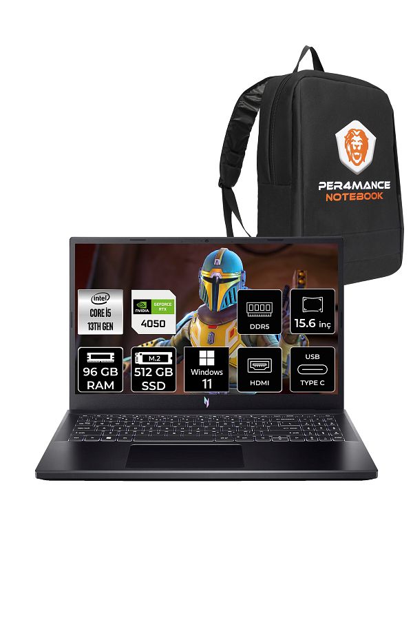 ACER Nitro V15 i5-13420H 96GB 512GB SSD RTX4050/6GB 15.6'' FHD 144Hz W11P & PER4 ÇANTA