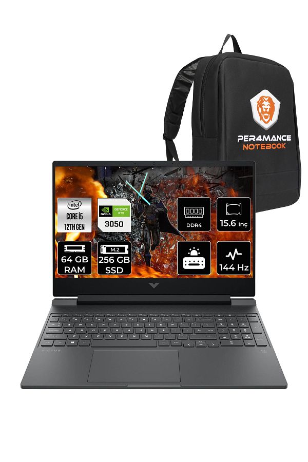 HP Victus 15 i5-12450H 64GB RAM 256GB SSD RTX3050/4GB 144Hz 15.6'' FHD FDOS & PER4 ÇANTA