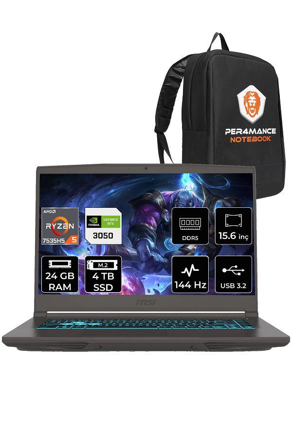MSI Thin A15 R5 7535HS B7UC 24GB 4TB SSD RTX3050/4GB 15.6" FHD 144HZ FDOS & PER4 ÇANTA