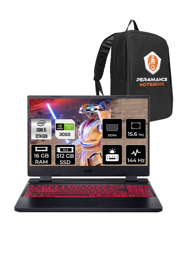 ACER Nitro 5 i5-12450H 16GB 512GB SSD RTX3050/4GB 144Hz 15.6" FHD FDOS & PER4 ÇANTA