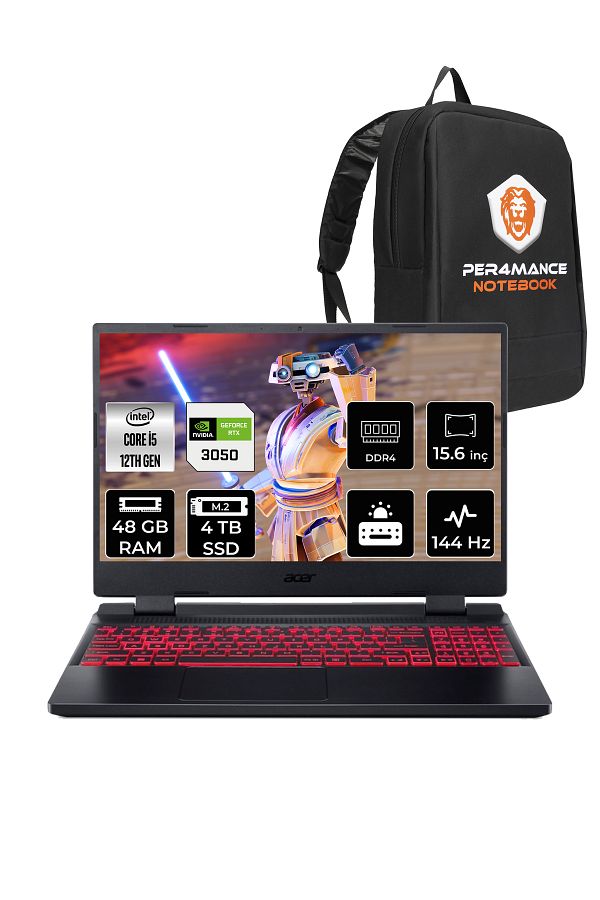 ACER Nitro 5 i5-12450H 48GB 4TB SSD RTX3050/4GB 144Hz 15.6" FHD FDOS & PER4 ÇANTA