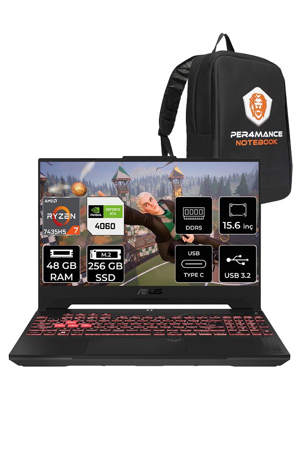 ASUS TUF Gaming A15 R7 7435HS 48GB 256GB SSD RTX4060/8GB 144Hz 15.6" FHD FDOS & PER4 ÇANTA