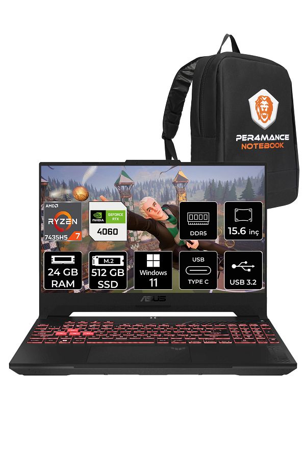 ASUS Tuf Gaming A15 R7 7435hs 24gb 512gb Ssd Rtx4060/8gb 144hz 15.6" Fhd W11h  Per4 Çanta