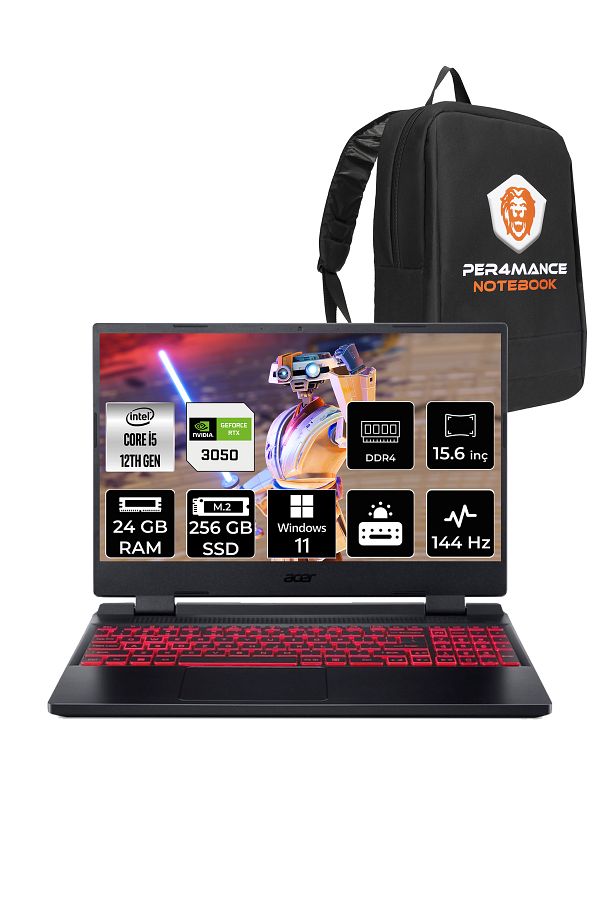 ACER Nitro 5 i5-12450H 24GB 256GB SSD RTX3050/4GB 144Hz 15.6" FHD W11HOME & PER4 ÇANTA