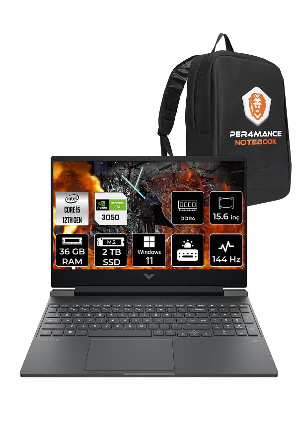 HP Victus 15 i5-12450H 36GB RAM 2TB SSD RTX3050/4GB 144Hz 15.6'' FHD W11PRO & PER4 ÇANTA