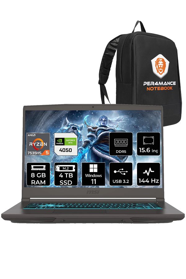 MSI Thin A15 B7VE R5 7535HS 8GB 4TB SSD RTX4050/6GB 15.6" FHD 144HZ W11H & PER4 ÇANTA