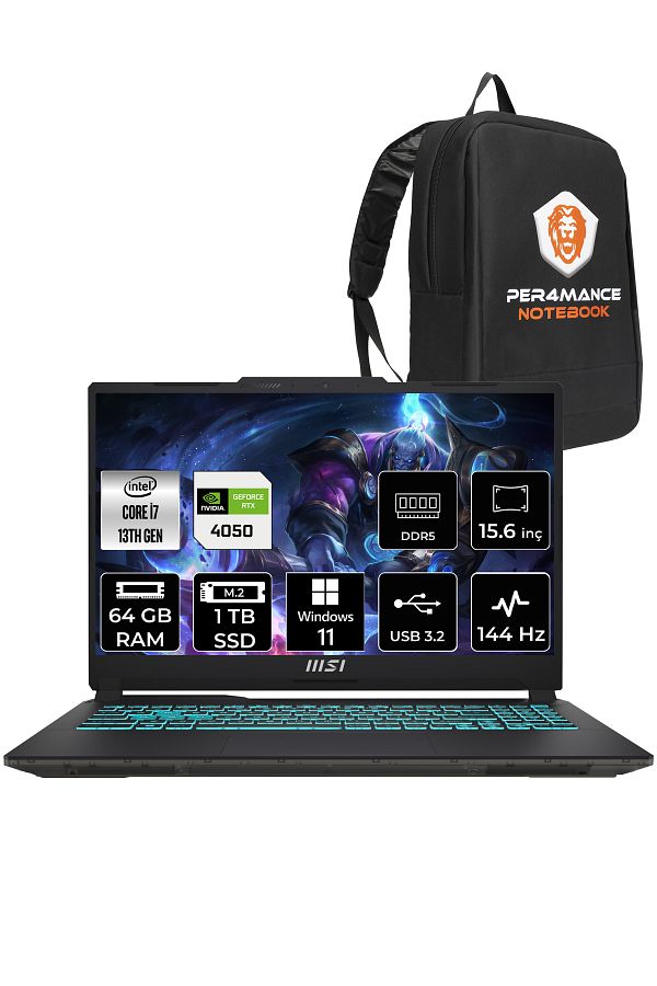 MSI Cyborg 15 A13VE7 i7-13620H 64GB 1TB SSD RTX4050/6GB 15.6" FHD 144HZ W11P & PER4 ÇANTA