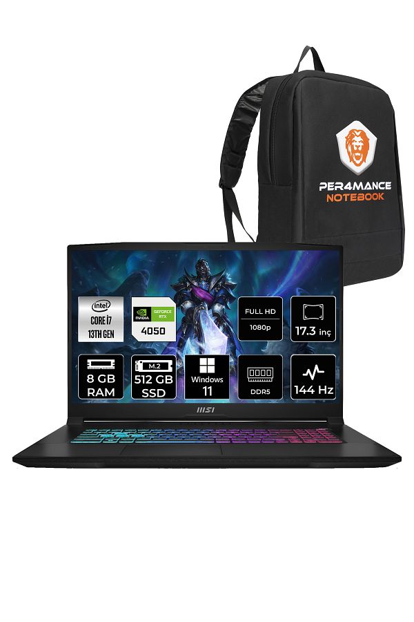 MSI Katana 17 13VEK36 i7 13620H 8GB 512GB SSD RTX4050/6GB 105W 17.3" FHD 144Hz W11H & PER4 ÇANTA