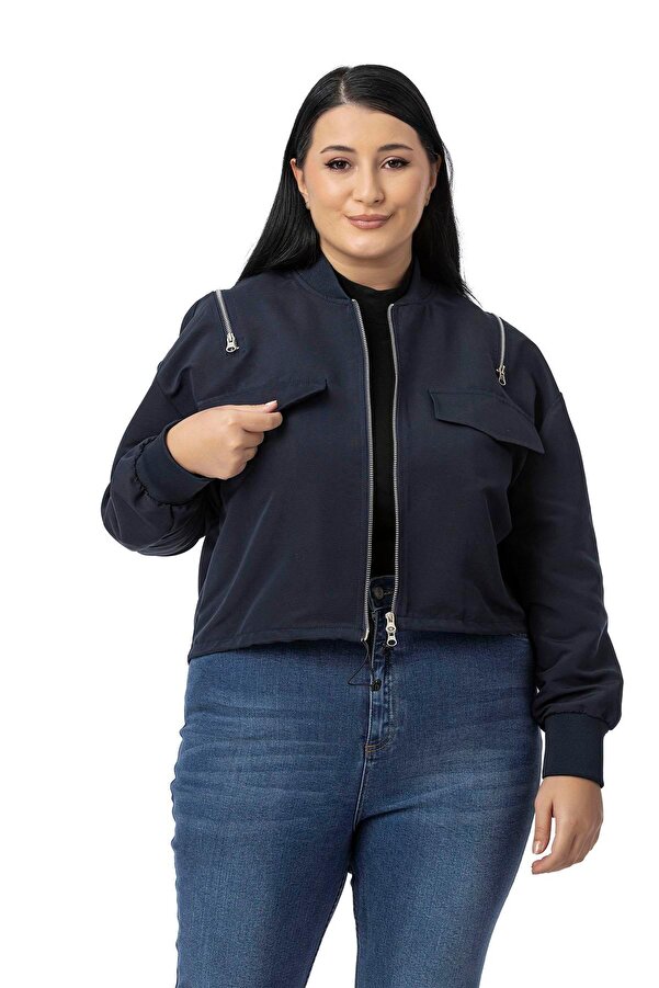 Collar & Sleeve Opening Ribbed Zip-detail Bomber Jacket — Navy