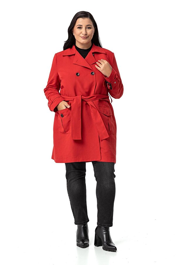 Wrap-front Sleeve Band Detail with Pockets Belted Lined Trench Coat — Red