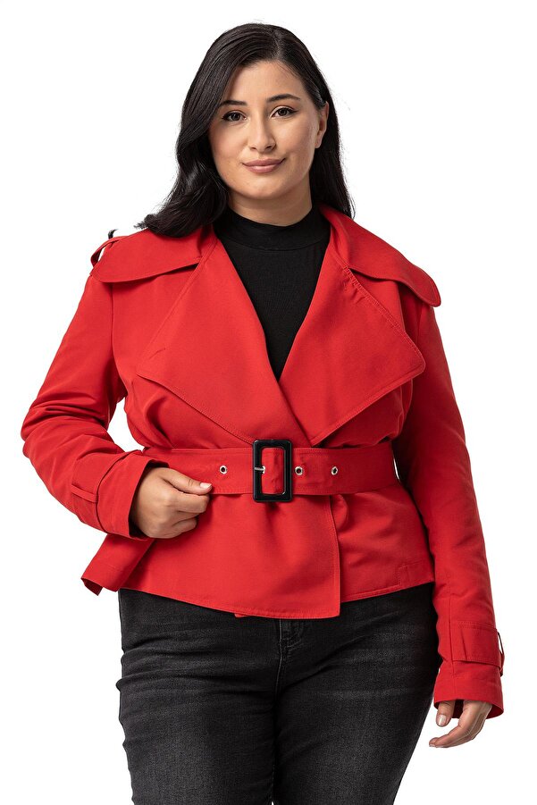 Mono Neck Belted Lined Short Trench Coat — Red