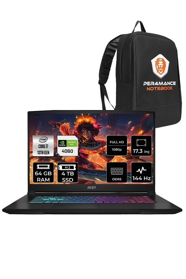 MSI Katana 17 B13VFK37 i7 13620H 64GB 4TB SSD RTX4060/8GB 105W 17.3" FHD 144HZ FDOS & PER4 ÇANTA
