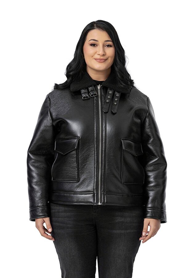 Inner Faux-fur Zipped Collar Buckle-detail Leather-look Coat — Black