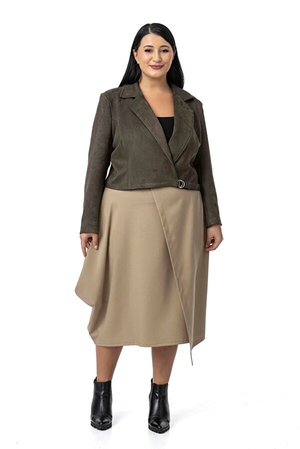 Back Leather-look Crossover Band Detail Half Belted Short Suede-look Jacket — Khaki