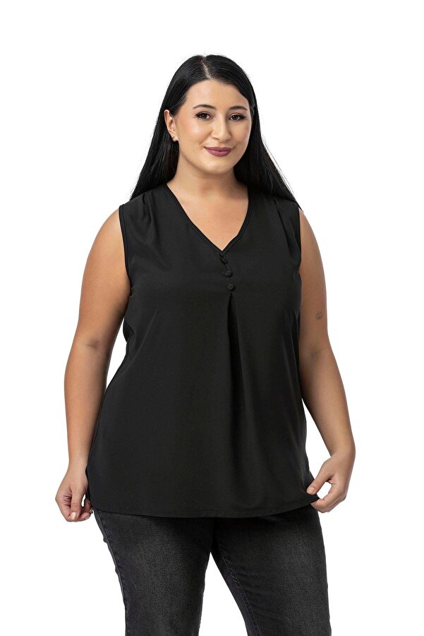 Coated Button-detail Sleeveless V-neck Blouse — Black